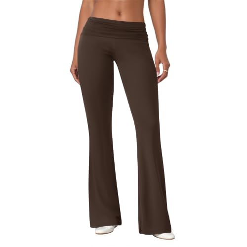 COPYLEAF Flare Leggings for Women Fold Over Stretch Bell Bottom Yoga Pants - color: Brown, size: X-Small