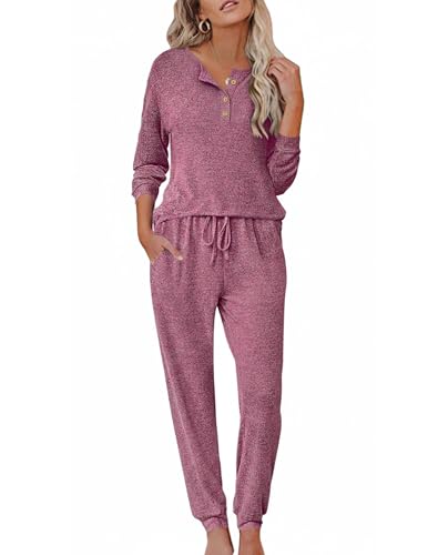 Ekouaer Womens Pajama Sets Long Sleeve Henley Neck Pj Sets Loungewear 2pcs - color: Deep Red, size: Large