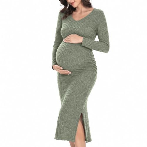 LAHILO Long Sleeve Maternity Sweater Dress for Fall Winter Baby Shower - color: Greenish Gray, size: Medium
