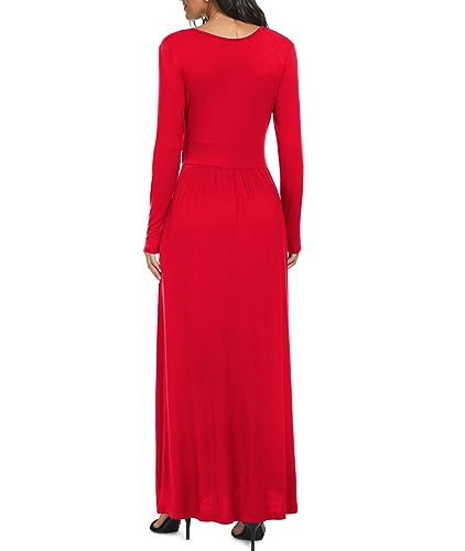 LILBETTER Women Long Sleeve Deep V Neck Loose Plain Long Maxi Casual Dress - color: Red, size: X-Large
