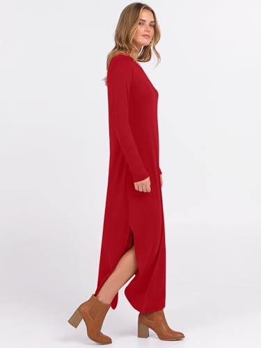 ANRABESS Women's Long Sleeve Fall Maxi T-Shirt Dress with Pockets - color: Bright Red, size: Medium