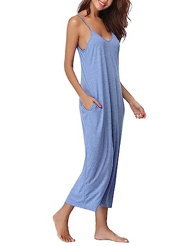 Marvmys Women's Cotton Long Nightgowns Sleeveless Sleep Dress with Pockets - color: Blue, size: Small