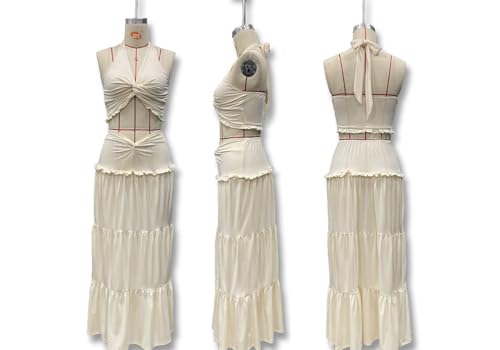 Famnbro Womens 2 Piece Skirt Sets Y2k Halter Top Flowy Ruffle Maxi Skirts - color: Apricot, size: X-Large