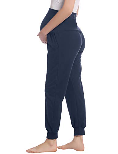Joyaria Women's Cotton Maternity Jogger Pants Over The Belly with Pockets - color: Navy Blue, size: XX-Large