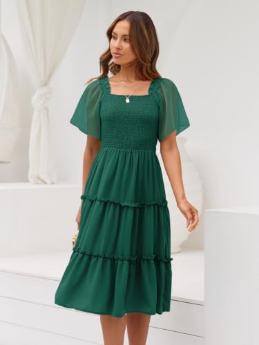 LILLUSORY Women Tiered Flutter Sleeve Square Neck Smocked Midi Dress - color: Emerald Green, size: Medium
