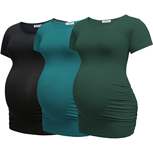 Bearsland Womens Maternity Tshirt 3 Packs Classic Side Ruched Tee Top Mama Pregnancy Clothes - color: Black+lakeblue+dpgreen(3pcs), size: Small