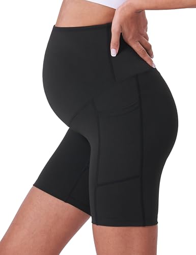POSHDIVAH 3/4 Pack Maternity Biker Shorts Over The Belly with Pockets 5"/8" - color: Black/Black/Pink/Navy Blue 8", size: Medium