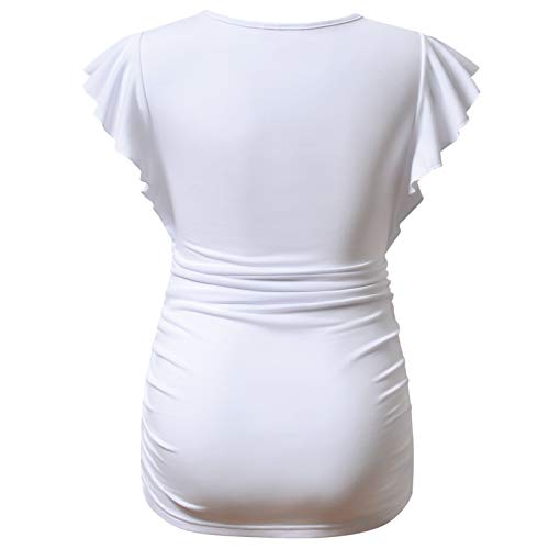 Bhome Maternity Tops Flying Shorts Sleeve Tshirt Side Ruched Pregnant Blouse Casual Pregnancy Tunic - color: White, size: Medium