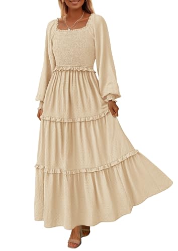 PRETTYGARDEN Women's Smocked Long Sleeve Maxi Dress Wedding Guest Dresses - color: Beige, size: Medium