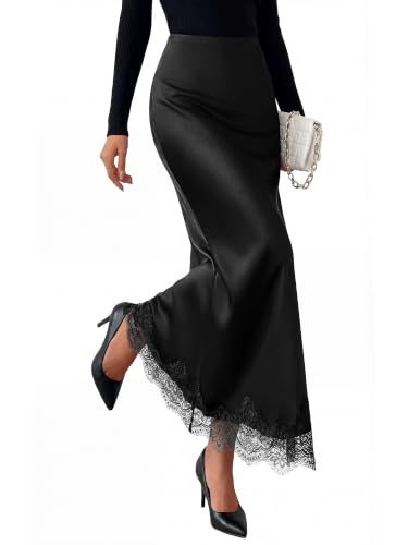 BTFBM Lace Trim Satin Skirts for Women Elegant - color: Black, size: Medium