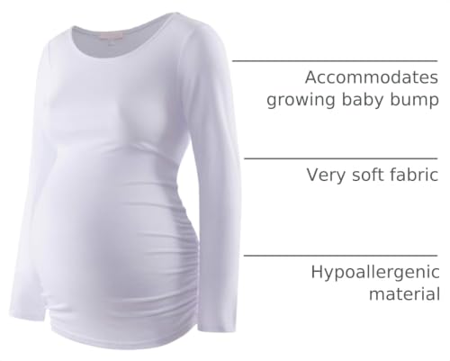 Maternity Shirt Long Sleeve Basic Top Ruch Sides Bodycon Tshirt for Pregnant Women - color: White, size: XX-Large