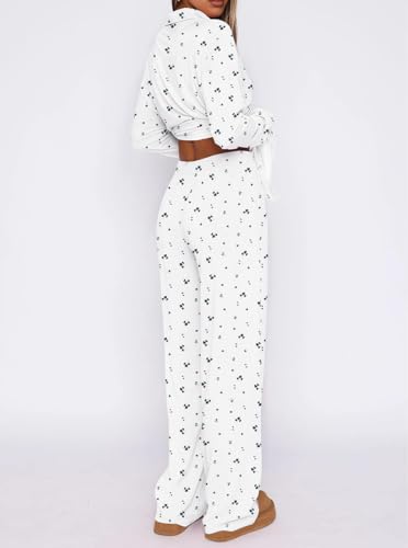 Dressmine Ladies Long Sleeve Cute Pajama Sets 2 Piece Fall Outfits - color: Blue Flower, size: Small