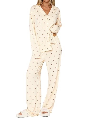 Dressmine Ladies Long Sleeve Cute Pajama Sets 2 Piece Fall Outfits - color: Apricot Cherry, size: Large