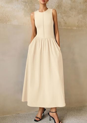 PRETTYGARDEN Pleated Maxi Dresses for Women with Pockets - color: Beige, size: Large