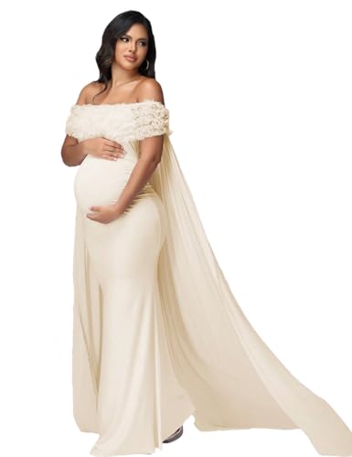Maternity Mesh Off Shoulder Chiffon Cloak Maxi Photoshoot Dress - color: Beige-a, size: Large