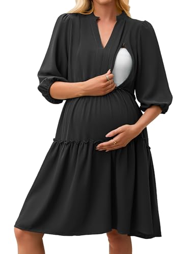 Angashion Women's Maternity Nursing Dress: V-Neck Hidden Zipper Pockets - color: Black, size: X-Large