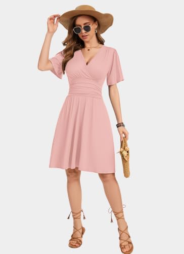 Womens Summer Dress Ruffle Sleeve V Neck Wrap Dress with Pockets - color: Light Pink, size: Small