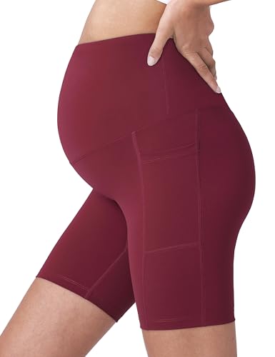 POSHDIVAH Maternity Biker Shorts Over the Belly with Pockets 5"/8" - color: Wine Red, size: X-Large