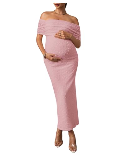 SweatyRocks Women's Maternity Off The Shoulder Dress Bodycon Maxi Dresses - color: Light Pink, size: Small