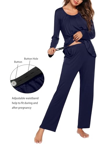 Ekouaer Maternity Nursing Pajama Set Long Sleeve Breastfeeding Sleepwear - color: Navy Blue, size: X-Large