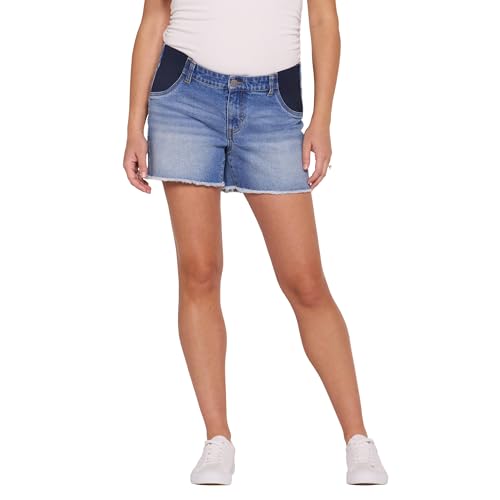 Motherhood Maternity Women's Under the Belly Cutoff Denim Pregnancy Shorts with Side Elastic Panel Insets - color: Lily Wash, size: Medium
