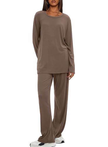 Darong Womens 2 Piece Fall Lounge Sets Oversized Tops Wide Leg Pants - color: Khaki, size: Small