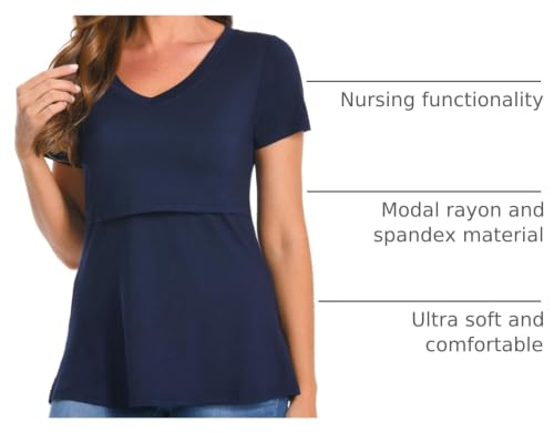Bearsland Womens 3 Packs V Neck Nursing Tops Maternity Breastfeeding Tee Shirts - color: Blue+gray+blackwhitef(3pack), size: Large