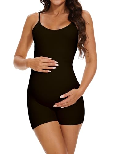 BDITANLE Maternity Workout Romper Pregnancy Yoga Ribbed One Piece Seamless Spaghetti Strap Jumpsuit - color: 01black, size: Small