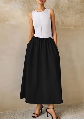 PRETTYGARDEN Pleated Maxi Dresses for Women with Pockets - color: Black White, size: XX-Large