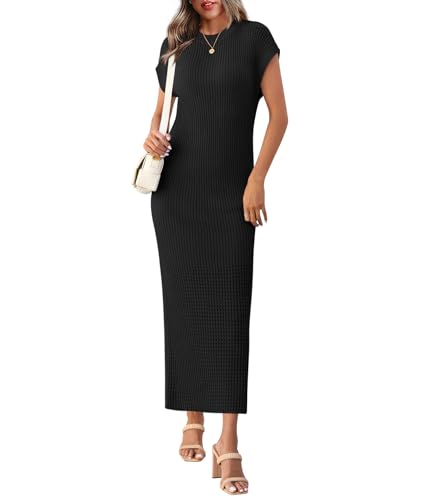 Yousify Womens Ribbed Knit Dress Summer Trendy Maxi Dresses - color: C-black, size: Large