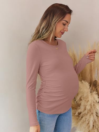 Women's Maternity Fall Tops Long Sleeve Crew Neck Ribbed Knit Slim Fitted Blouse Side Ruched Pregnancy Shirts - color: Long Sleeve-light Brown, size: Medium