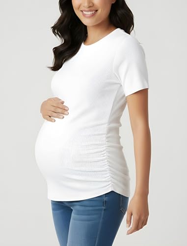 Motherhood Maternity Women's Short Sleeve Crew Neck Side Ruching Pregnancy Tee Shirt - color: White, size: Medium