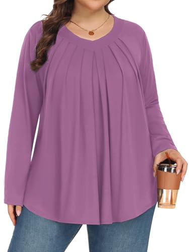 Tencede Womens Plus Size Tops Long Sleeve Shirts V Neck Tunic Blouses 1X-5X - color: Light Purple, size: 4X-Large