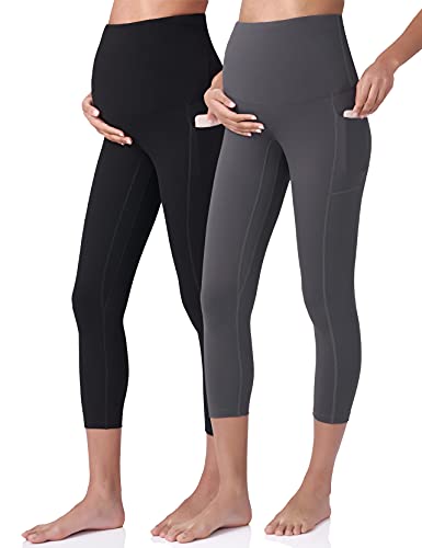 POSHDIVAH Maternity Capri Leggings with Pockets Pregnancy Workout Pants - color: Black Gray, size: X-Small