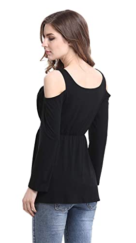 Women's Cold Shoulder Lace Up Casual Tunic Solid Blouse Tops - color: Black, size: Small