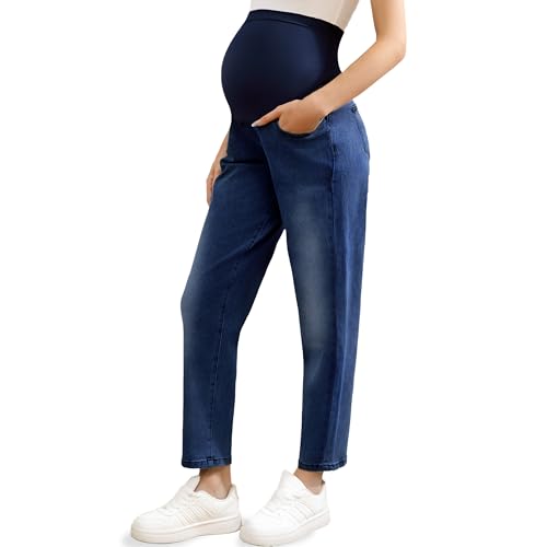 Women's Maternity Jeans Over Belly, Loose Pregnancy Pants with Pockets, Comfy Stretch Boyfriend Jeans - size: XX-Large