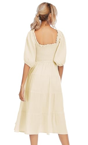 R.Vivimos Women's Cotton Off-Shoulder A-Line Midi Dresses - color: Beige, size: Small