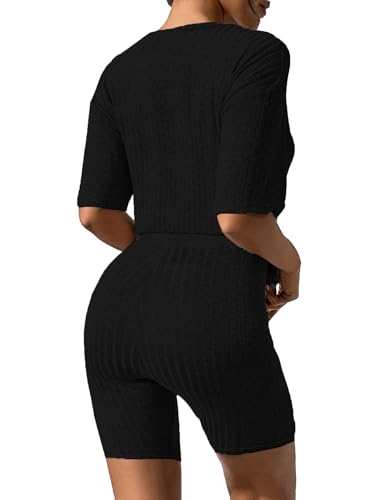 Ekouaer Women 2 Piece Lounge Sets Ribbed Knit Oversized Shirt Biker Shorts - color: Black, size: Small