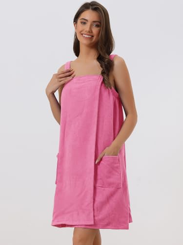 cheibear Women Terry Towel Dress Wrap Bathrobe with Pockets Headband - color: Rose Pink, size: Small