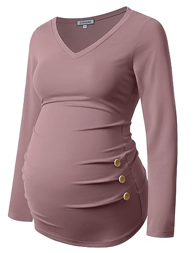 GINKANA Maternity Shirt Long Sleeve Basic Top Ruch Sides Buttons Tshirt for Pregnant - color: Mauve, size: X-Large