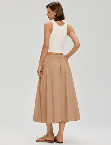LOMON Midi Skirts for Women with Pockets A-Line Cotton Flowy Elastic Waist - color: Camel, size: X-Large