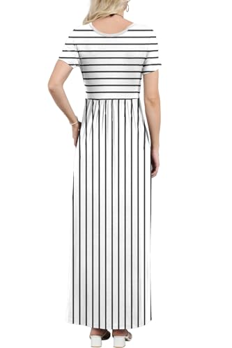 EUOVMY Women's Short Sleeve Loose Plain Maxi Dresses Casual Vacation Long Dresses with Pockets - color: 1-white Striped, size: Small