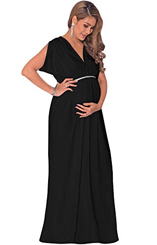 KOH KOH Womens Long Short Sleeve V-Neck Maternity Summer Flowy Maxi Dress - color: Black, size: Large