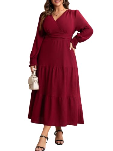 RWJ Women's Plus Size Fall Wedding Guest Dress Long Sleeve Maxi with Pocket - color: Burgundy, size: Large Plus
