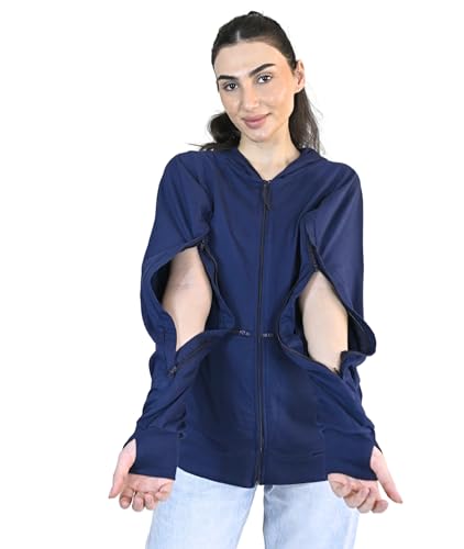 Inspired Comforts Unisex Dialysis & IV Access Hoodie – Dual Arm Zippers, Thumbhole Sleeves & Pockets - color: Navy, size: Small