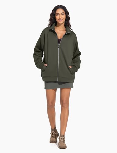THE GYM PEOPLE Women's Oversized Zip Up Sweatshirts Fleece Mock Neck Jacket - color: Dark Brown, size: Large