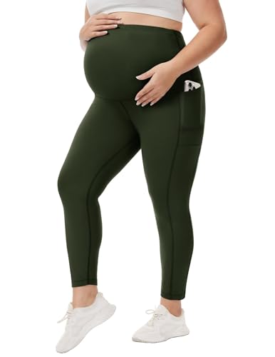Happy.angel Plus Size Maternity Leggings with Pockets,Women Pregnancy Pants - color: Olive, size: X-Large