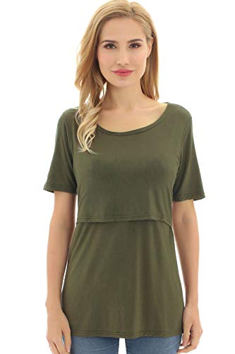Bearsland Women's 3 Packs Maternity Nursing Tops Short Sleeve Breastfeeding Shirts - color: Blkwitstripe+green+brown(3pcs), size: Medium