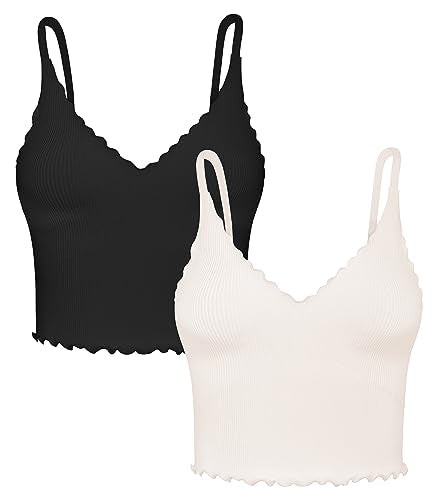 Sunzel 2 Pack Women's V Neck Ribbed Camisole Tank Tops with Ruffle Trim - color: Black&beige, size: X-Small-Small