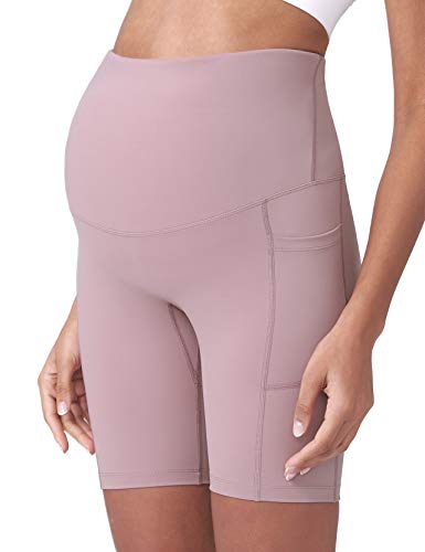 POSHDIVAH Maternity Biker Shorts Over the Belly with Pockets 5"/8" - color: Pink, size: Large